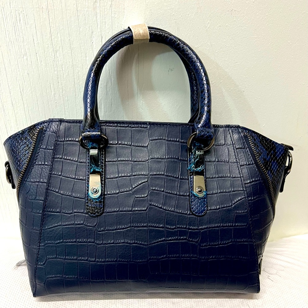 Genuine leather dark navy crocodile, snakeskin pattern tote bag w/shoulder strap